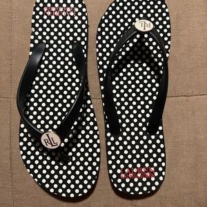 Ralph Lauren Black and White Polka Dot Rubber Flip Flops, 9/10